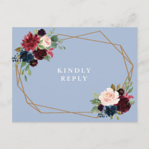 Postal boda floral azul polvorienta burgundy RSVP