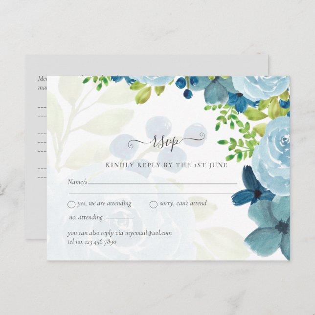 Postal Boda floral azul polvoriento con presupuesto ajust (Anverso / Reverso)