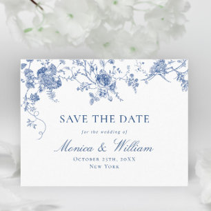 Postal Boda floral azul victoriana francesa salva la fech