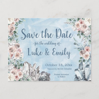 Postal Boda Floral Azul y Cristales Salven la fecha