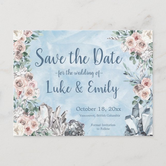 Postal Boda Floral Azul y Cristales Salven la fecha (Anverso)