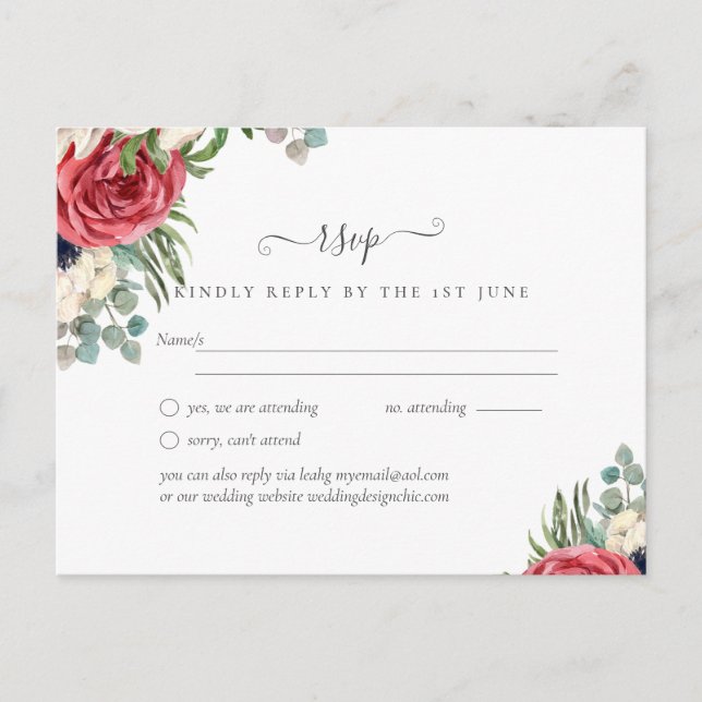 Postal Boda floral blanca roja presupuestal RSVP (Anverso)