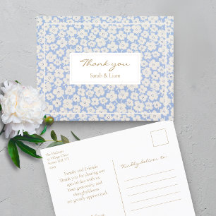 Postal Boda Floral Blanco y Azul Gracias