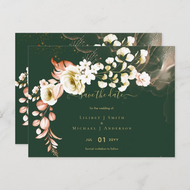 Postal Boda Floral Boho Verde Esmeralda (Anverso / Reverso)
