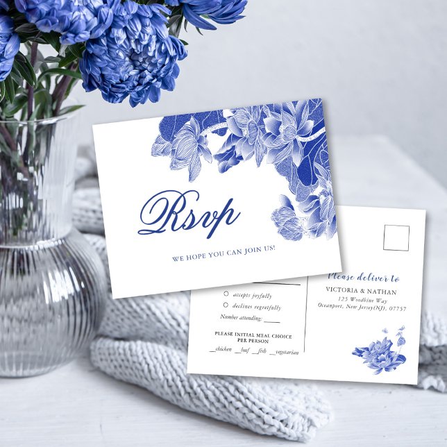 Postal Boda floral chinoico clásico azul y blanco (Subido por el creador)