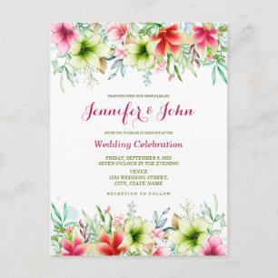 Postal Boda floral de amaryllis rojo magenta acuarela