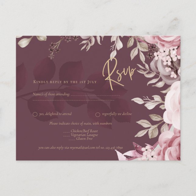 Postal Boda Floral de aroma rosa rubor RSVP (Anverso)