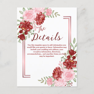 Postal Boda floral de Borgoña y Rosa