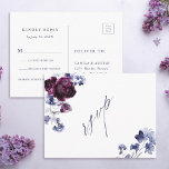 Postal Boda floral de color púrpura e índigo RSVP<br><div class="desc">Esta postal nupcial de rsvp presenta un ramo acuarela de peonías púrpura de ciruela y flores azul índigo con caligrafía elegante. Para una personalización más avanzada de este diseño,  haga clic en el BOTÓN HERRAMIENTA DE DISEÑO. También están disponibles los elementos coincidentes.</div>