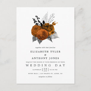 Postal Boda floral de Halloween negra y naranja vintage