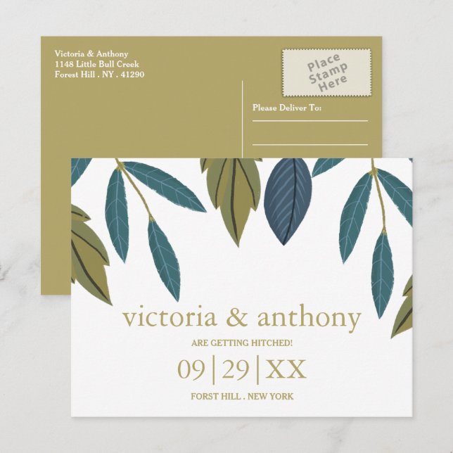 Postal Boda Floral De Hoja Rústica Salva La Fecha (Anverso / Reverso)