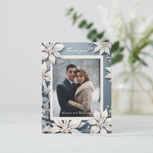 Postal Boda floral de invierno foto gracias (Anverso de pie)