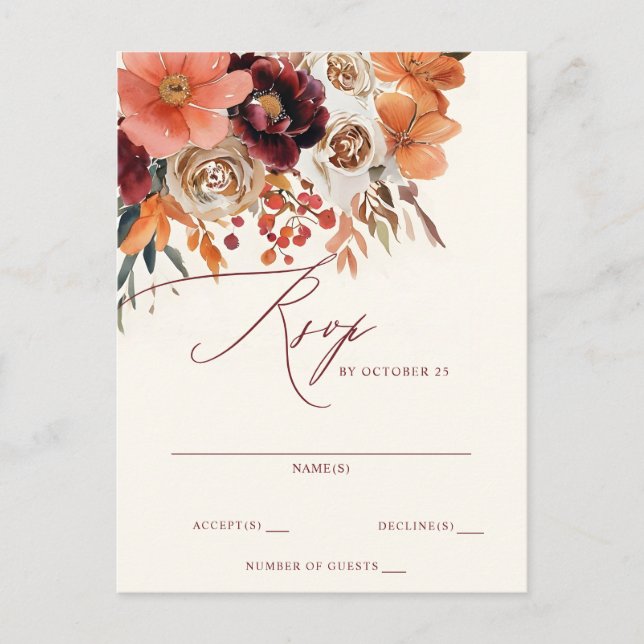 Postal Boda floral de la Naranja Borgoña RSVP (Anverso)