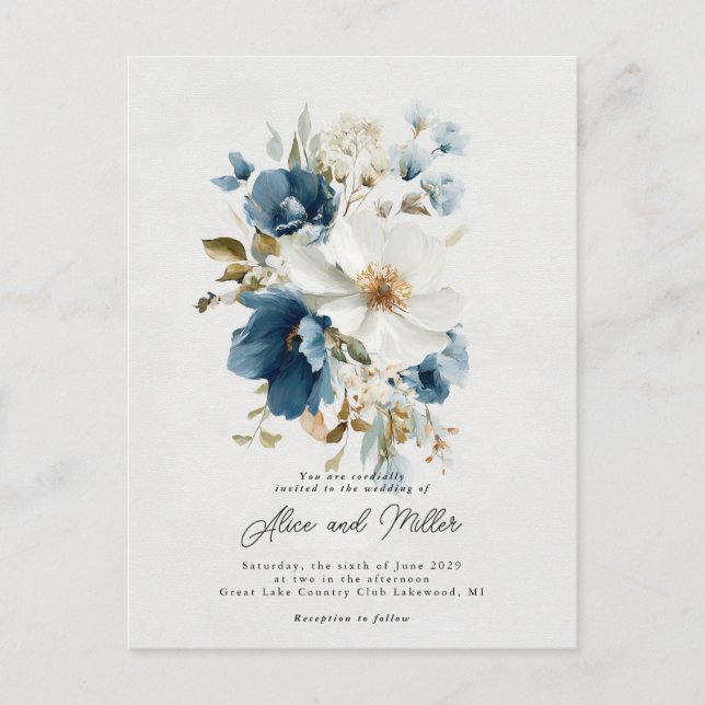 Postal Boda floral de la pintura azul y blanca (Anverso)