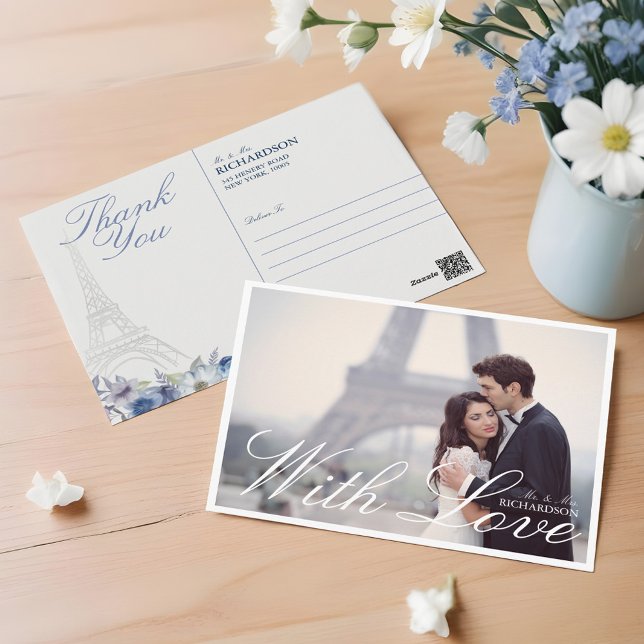 Postal Boda floral de la Torre Eiffel de París (Paris Eiffel Tower Watercolor Floral Wedding Photo Postcard)