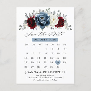Postal Boda floral de marfil blanco de borgoña azul pizar