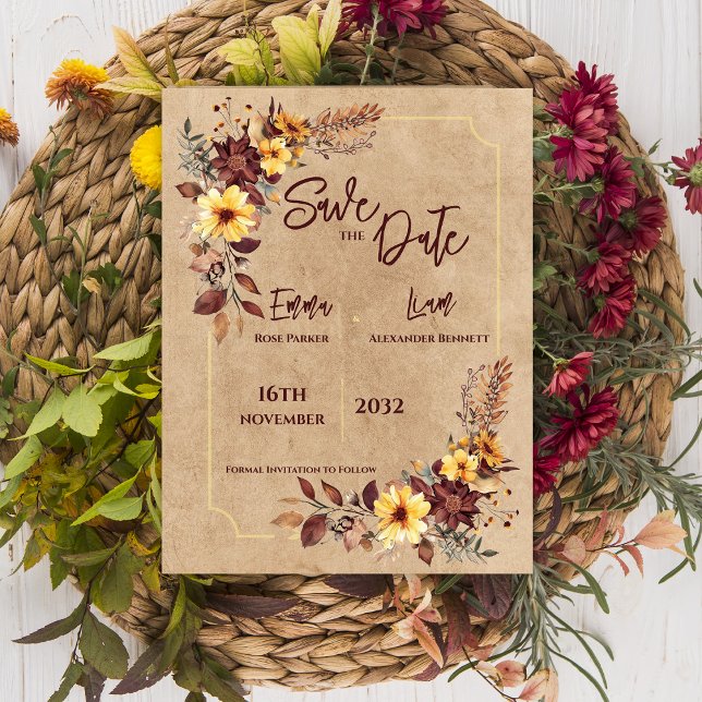 Postal Boda Floral De Mostaza De Caída Rústica Salven La  (Rustic Fall Mustard Floral Wedding Save The Date Postcard)
