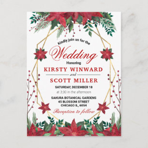 Postal Boda floral de Navidad con poinsettia roja acuarel