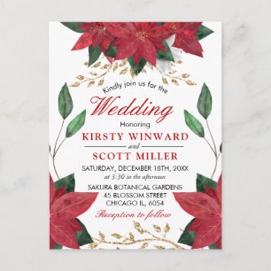 Postal Boda floral de Navidad con poinsettia roja acuarel