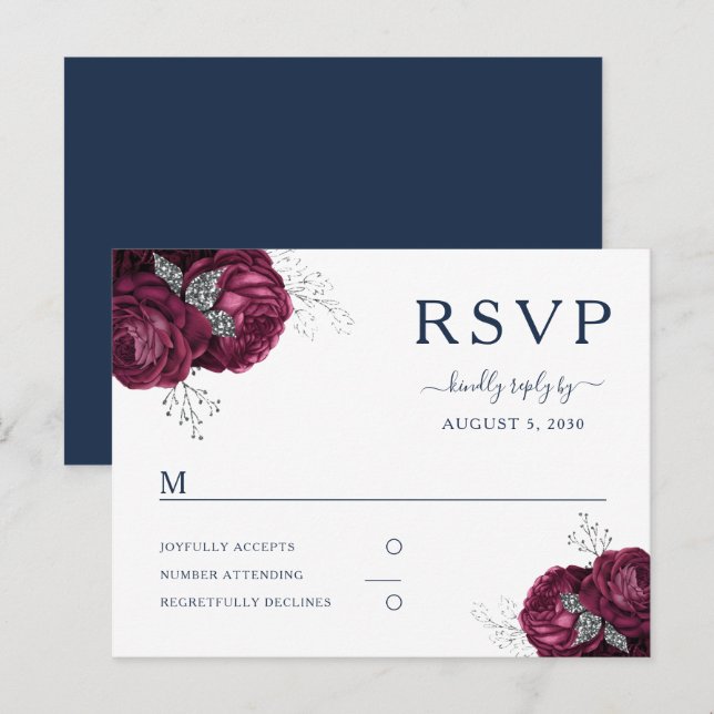 Postal Boda floral de Navy Blue Burgundy Peonies RSVP (Anverso / Reverso)