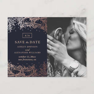 Postal Boda floral de oro y marina. Blue Save the Date