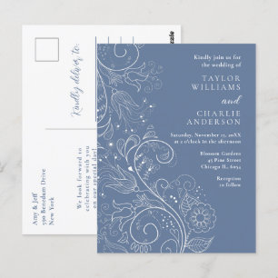 Postal Boda floral elegante azul polvoriento