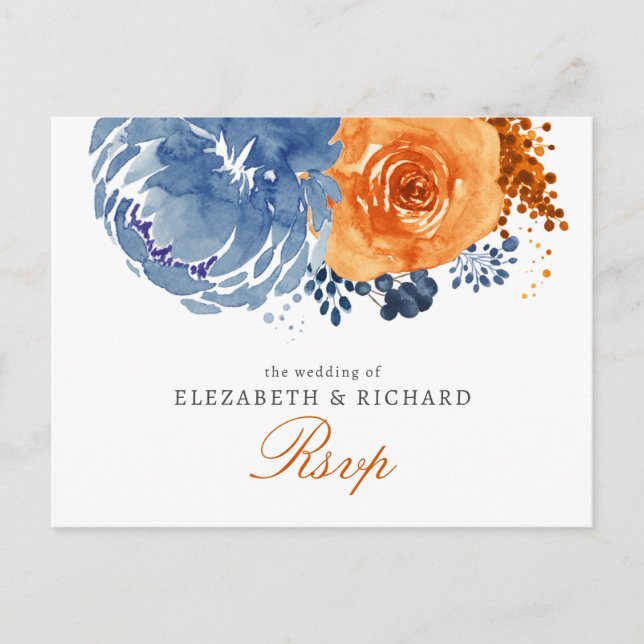 Postal Boda Floral Fall Naranja Quemada Azul Marina Rsvp (Anverso)