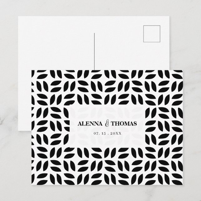 Postal Boda floral geométrica de blanco y negro con clase (Anverso / Reverso)