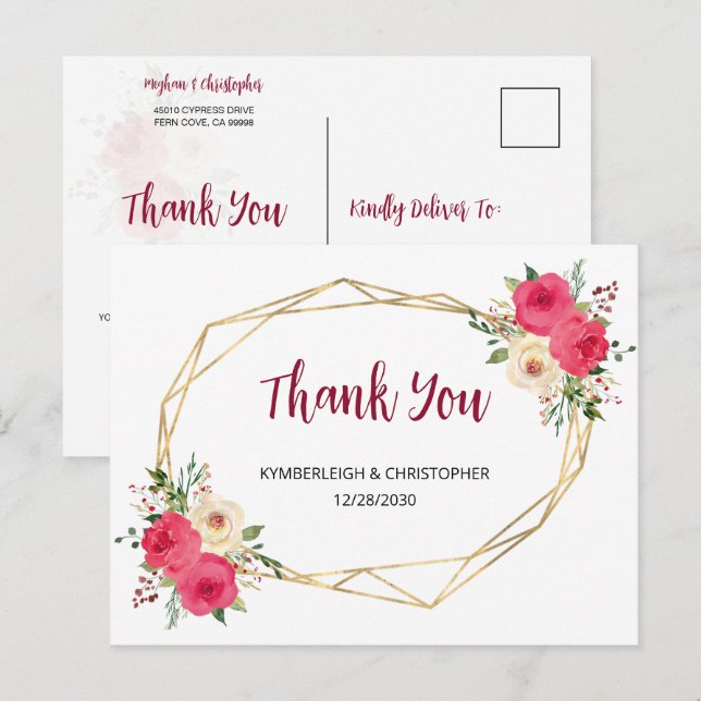 Postal Boda Floral Geométrico Burgundy Boho Gracias (Anverso / Reverso)