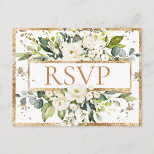 Postal Boda floral Gold White Monogram RSVP