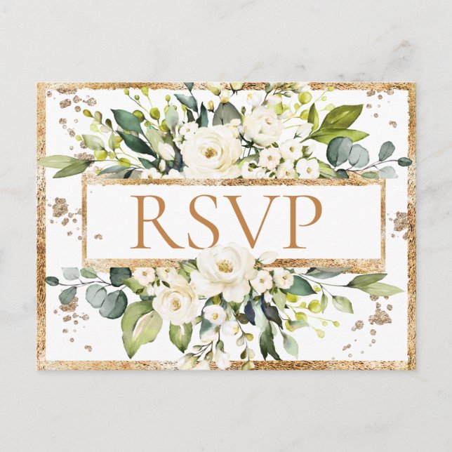 Postal Boda floral Gold White Monogram RSVP (Anverso)