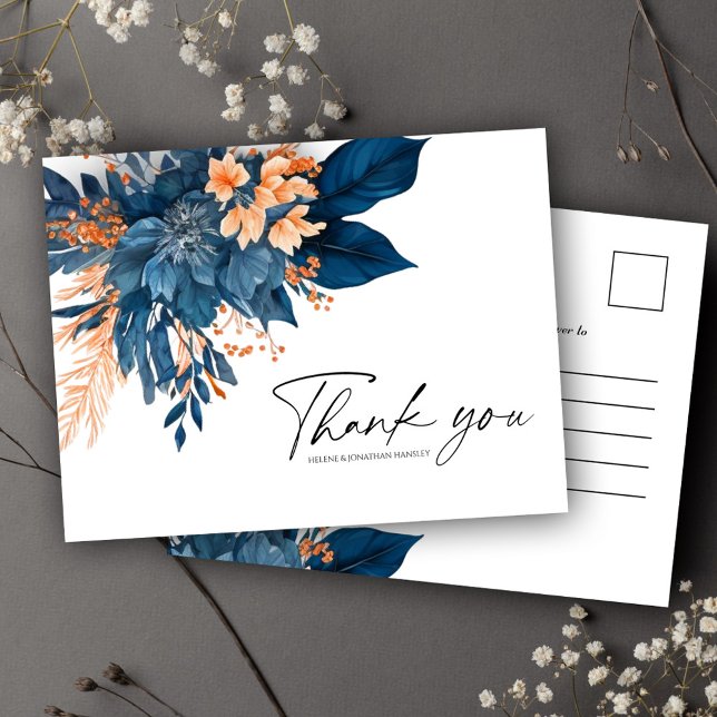 Postal Boda Floral Indigo Rust Moderno Gracias (Modern Floral Indigo Rust Wedding Thank You Postcard)