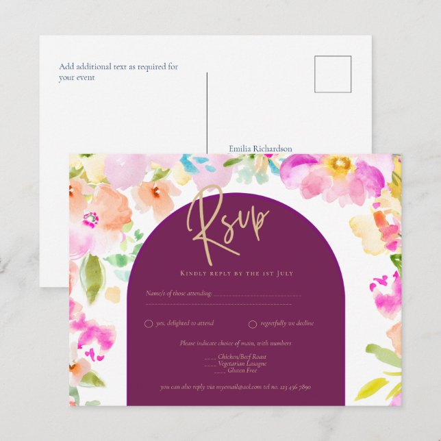 Postal Boda floral magenta (Anverso / Reverso)