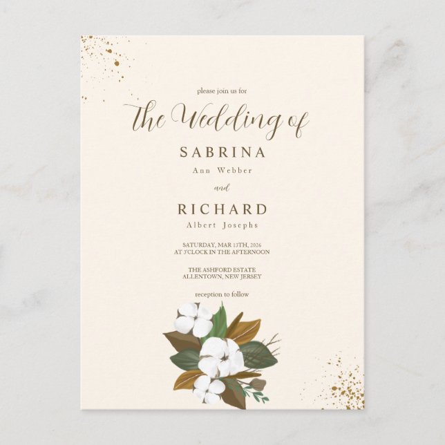 Postal Boda floral marrón y crema simple (Anverso)