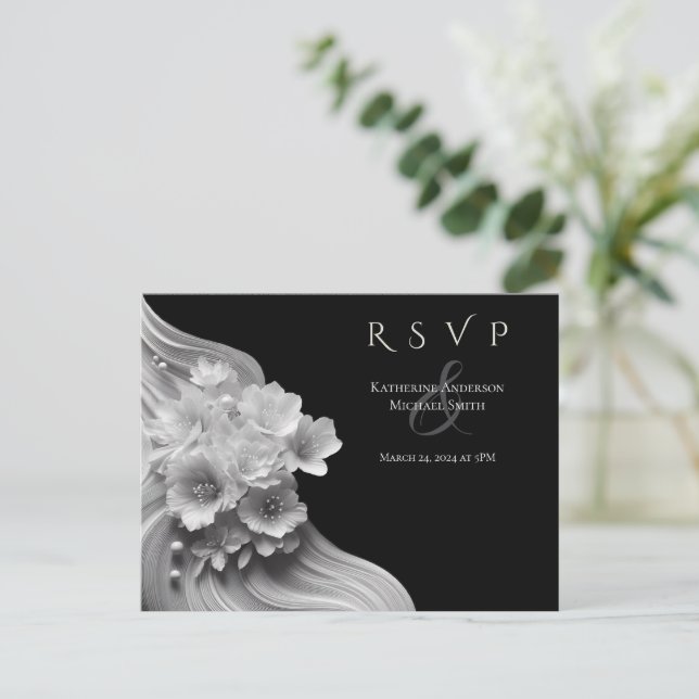 Postal Boda floral moderno negro y blanco (Anverso de pie)