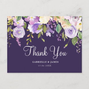 Postal Boda floral púrpura gracias