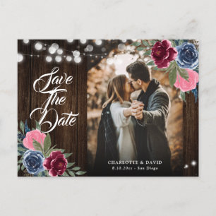 Postal Boda floral rosa de Rubor azul de la Marina Borgoñ