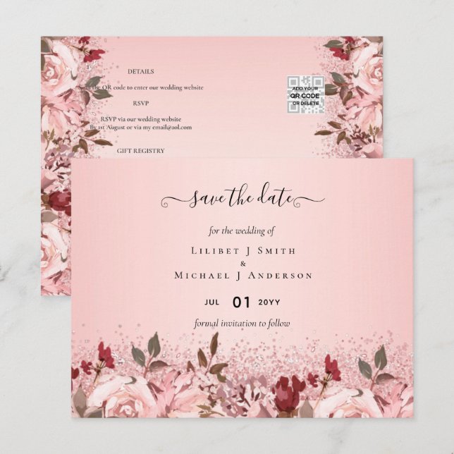 Postal Boda floral rosa dorado borgoña (Anverso / Reverso)