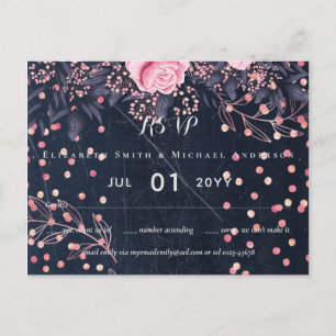 Postal Boda floral rosa LeahG Denim Blue Rosegold
