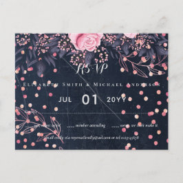 Postal Boda floral rosa LeahG Denim Blue Rosegold
