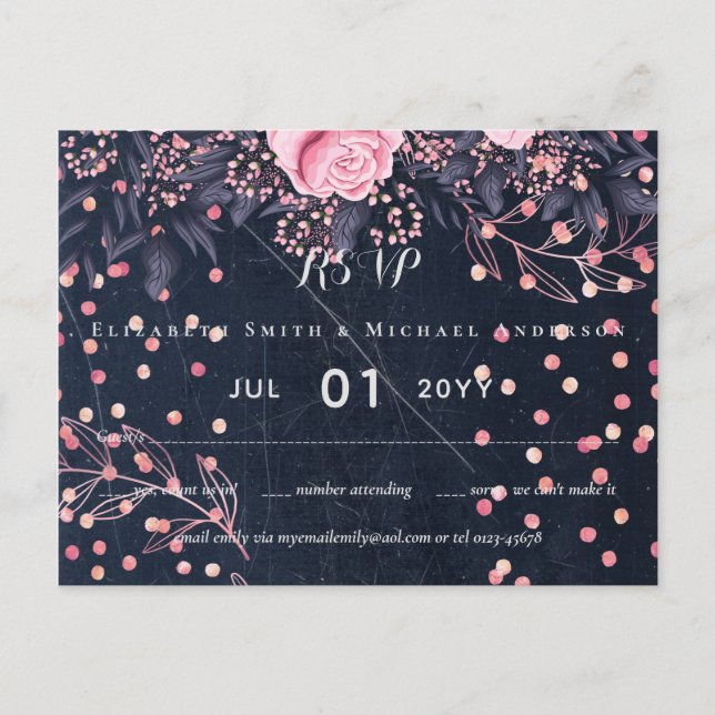 Postal Boda floral rosa LeahG Denim Blue Rosegold (Anverso)