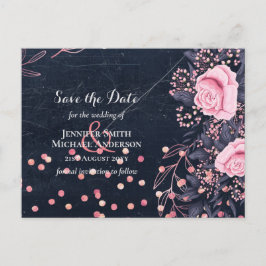 Postal Boda floral rosa LeahG Denim Blue Rosegold