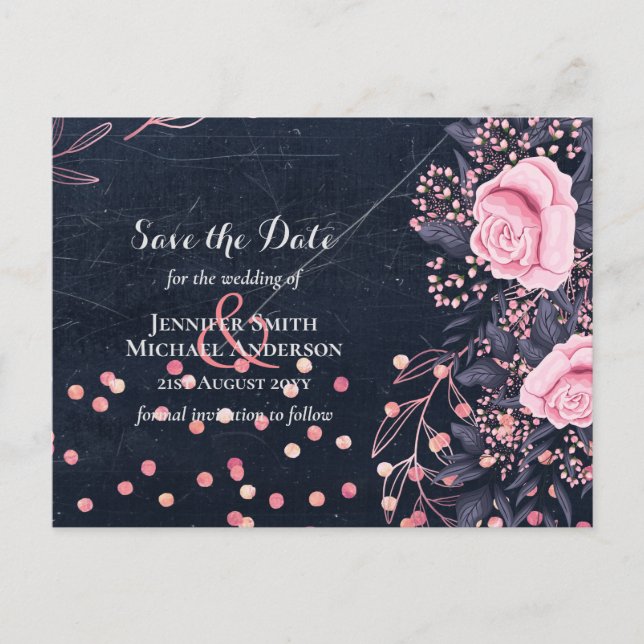 Postal Boda floral rosa LeahG Denim Blue Rosegold (Anverso)