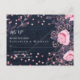 Postal Boda floral rosa LeahG Denim Blue Rosegold