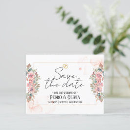 Postal Boda floral rosa moderna salva la fecha