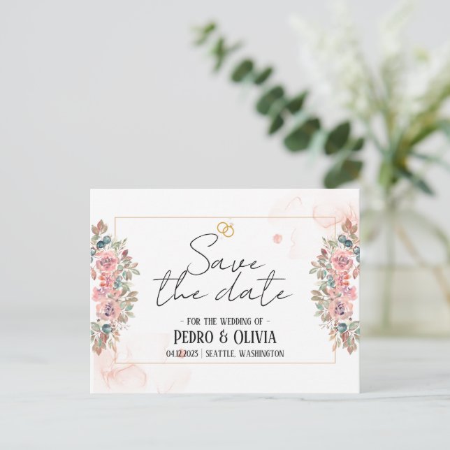 Postal Boda floral rosa moderna salva la fecha (Anverso de pie)