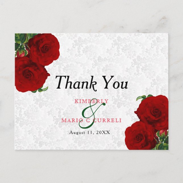 Postal Boda Floral Rosa Rojo Profundo - Gracias (Anverso)