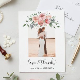 Postal Boda floral rosa sonrosado Foto de amor y agradeci