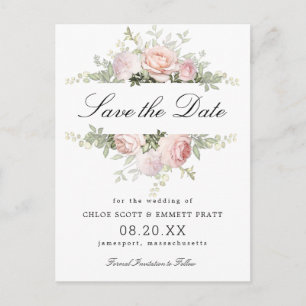 Postal Boda floral rosa y blanca salva la fecha