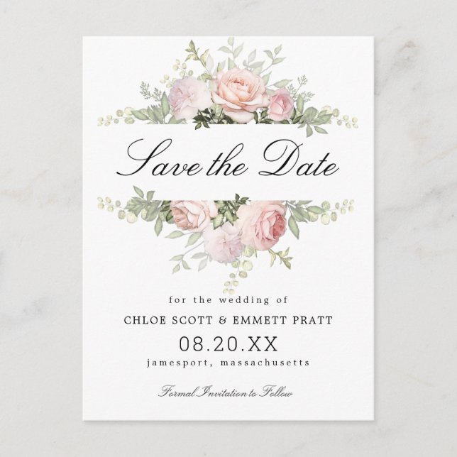 Postal Boda floral rosa y blanca salva la fecha (Anverso)